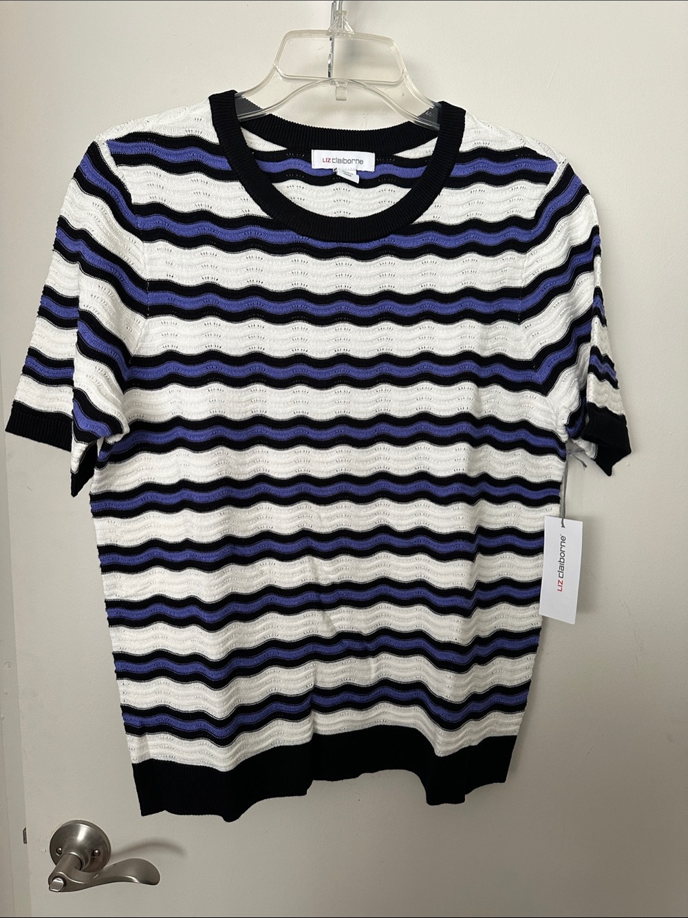 Liz Claiborne Black, White & Purple Striped Short Sleeve Knit Top
